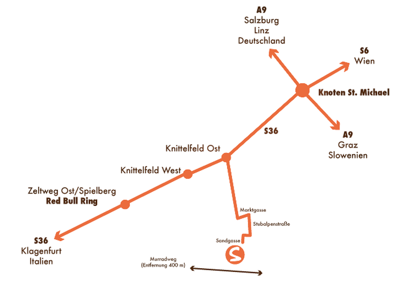 Anfahrt zur Frühstückspension Sandhof - von Wien, Salzburg, Graz, Klagenfurt